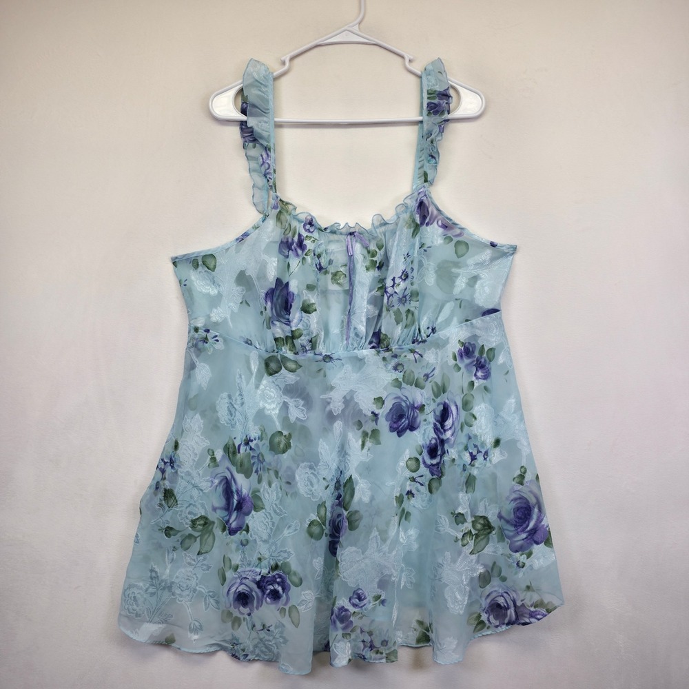 Secret Treasures Nightgown Womens 2X Blue Floral Sheer Babydoll Chemise Lingerie